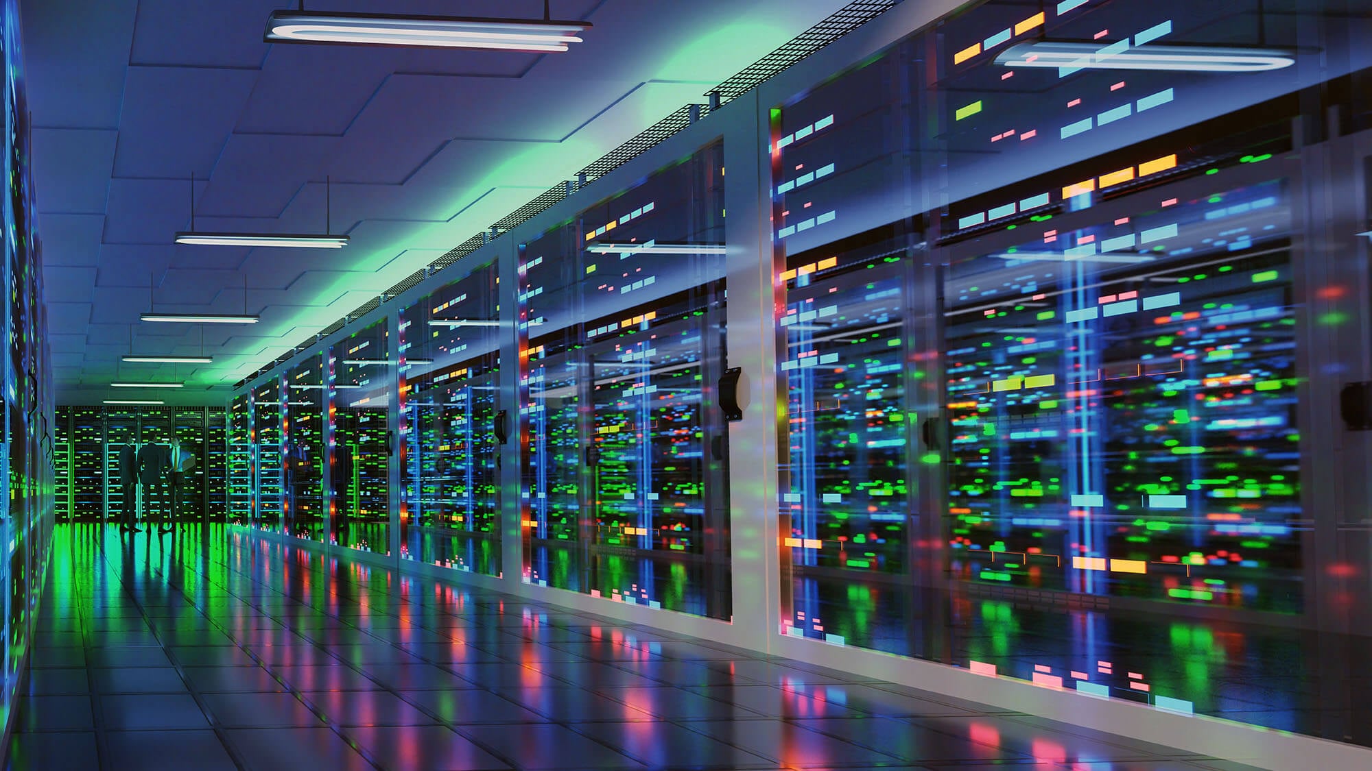 Modern server room in data center with three business men in suits standing at the end of a aisle with bright neon lights and reflections