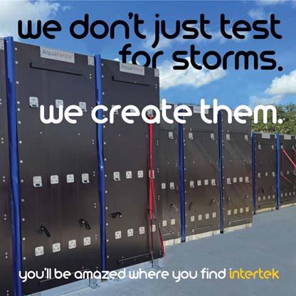 Row of large storm-testing panels outdoors with the phrase "we don’t just test for storms. we create them." and Intertek branding.